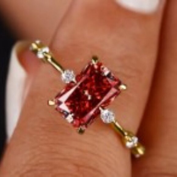 18K Golden Plated Copper Princess Cut Cubic Red Zirconia Ring Women size 7 - Picture 6 of 6